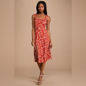 Garden date red orange floral print ruffle midi dress